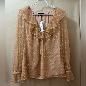 J. Crew Sheer Ruffle Tie-Neck Blouse in Beige